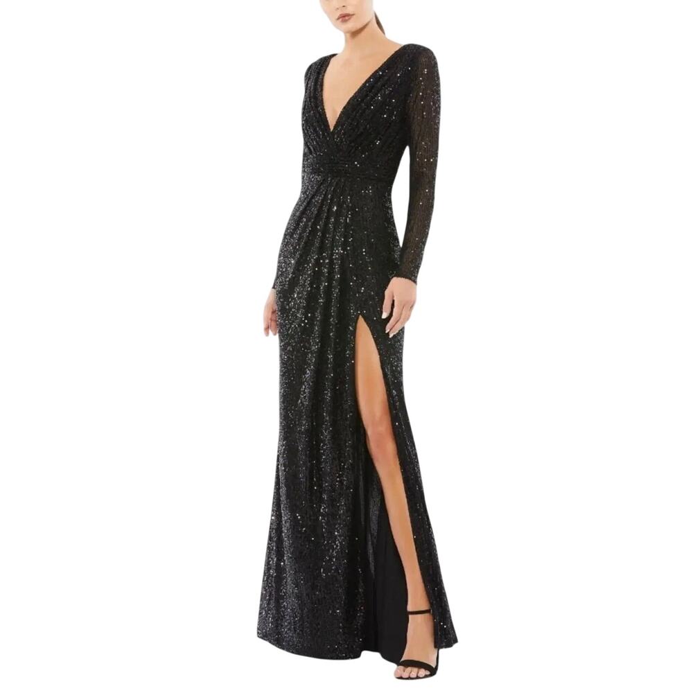 Mac Duggal 26395 Black Evening Gown Sequined Long Sleeve Column Dress Size 6